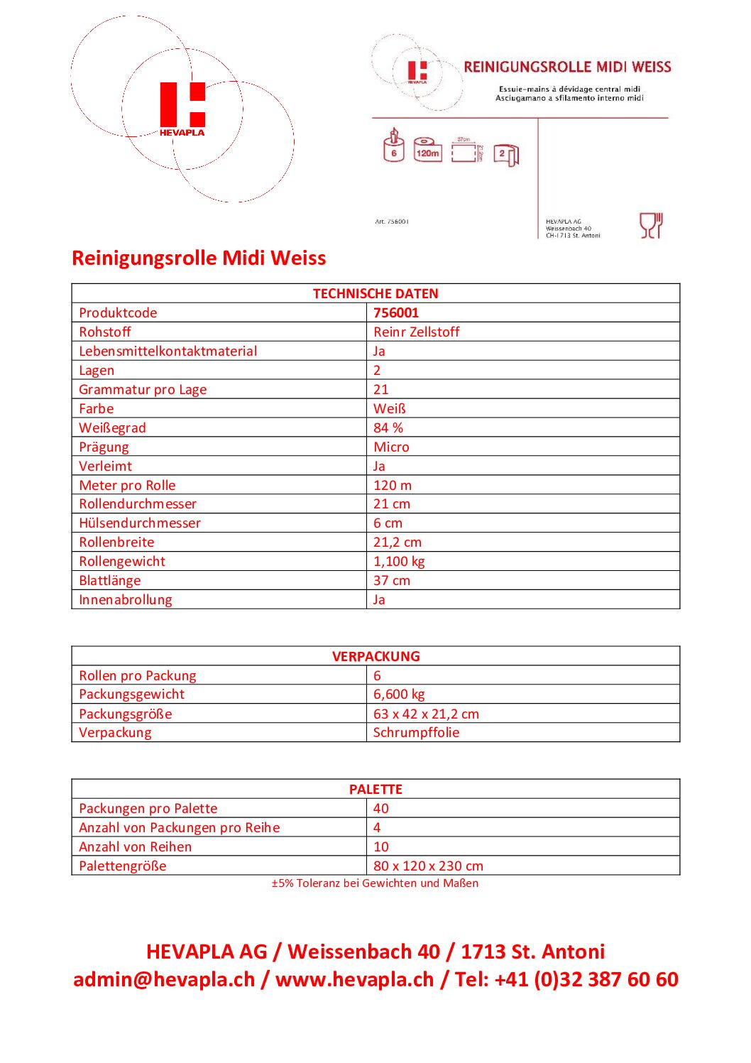 756001 Technisches Datenblatt, Reinigungsrolle midi weiss 2 lagig